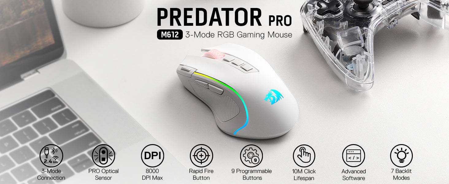 Redragon M612 PRO RGB 8000 DPI Wired/Wireless 9 Programmable Buttons 6 Backlit Modes Gaming Mouse, White