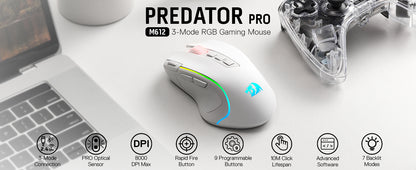 Redragon M612 PRO RGB 8000 DPI Wired/Wireless 9 Programmable Buttons 6 Backlit Modes Gaming Mouse, White