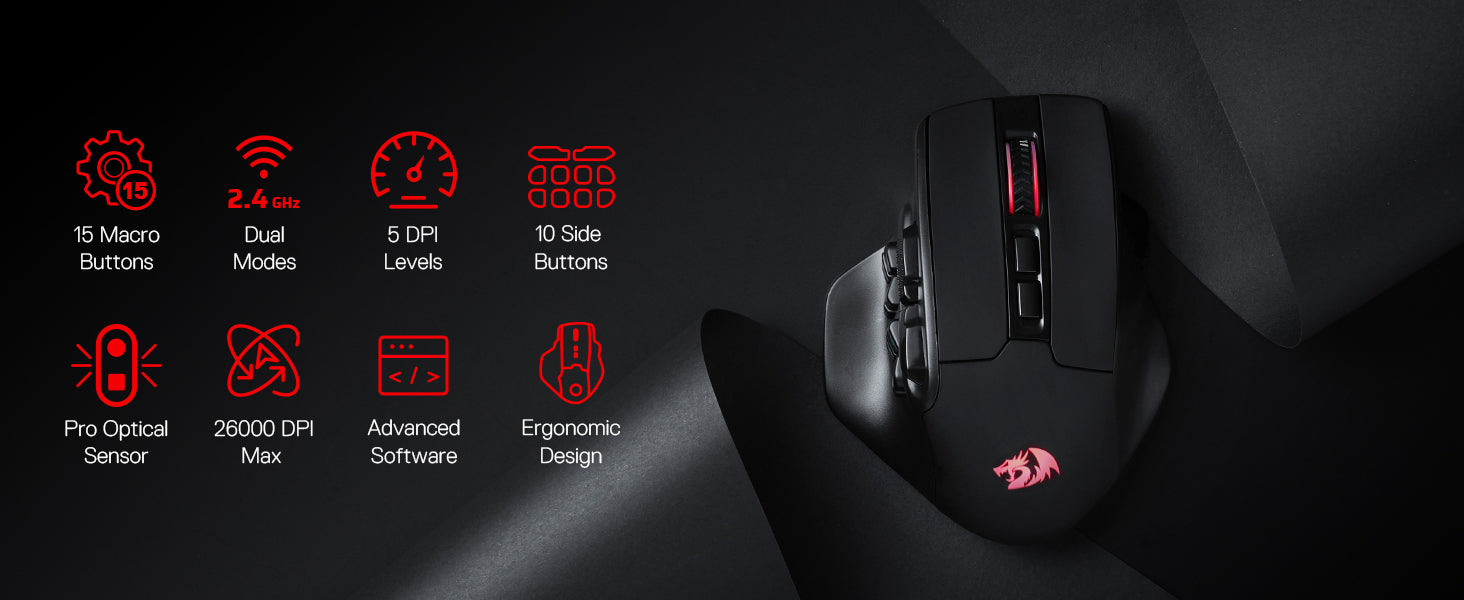 Redragon M811 PRO Wireless MMO Gaming Mouse, 15 Programmable Buttons RGB Gamer Mouse, 10 Side Macro Keys