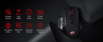 Redragon M811 PRO Wireless MMO Gaming Mouse, 15 Programmable Buttons RGB Gamer Mouse, 10 Side Macro Keys