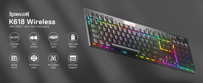 Redragon K618 Horus Wireless RGB Mechanical Keyboard, Bluetooth/2.4Ghz/Wired Tri-Mode Low Profile Gaming Keyboards - Smarsty