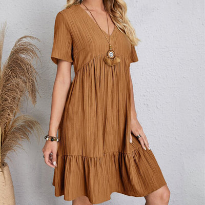 Summer Solid Dress Women Casual Bohemian V Neck Short Sleeve Ruffles Loose A Line Mini Dress Elegant Beach Party Vestidos Street - Smarsty