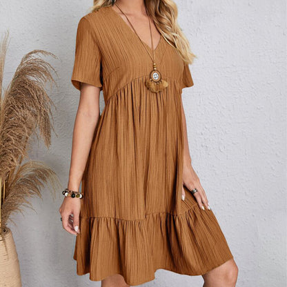 Summer Solid Dress Women Casual Bohemian V Neck Short Sleeve Ruffles Loose A Line Mini Dress Elegant Beach Party Vestidos Street - Smarsty