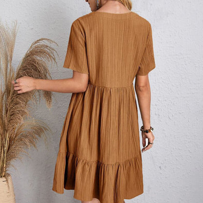 Summer Solid Dress Women Casual Bohemian V Neck Short Sleeve Ruffles Loose A Line Mini Dress Elegant Beach Party Vestidos Street - Smarsty