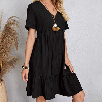Summer Solid Dress Women Casual Bohemian V Neck Short Sleeve Ruffles Loose A Line Mini Dress Elegant Beach Party Vestidos Street - Smarsty
