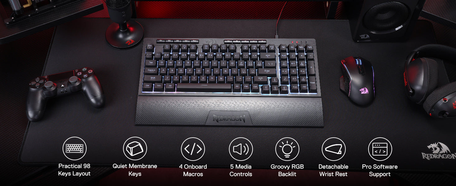 Redragon K515 Shiva RGB Membrane Gaming 98 Keys Mechanical Detachable Wrist Rest Smooth Linear Switch Keyboard