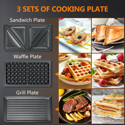 3 in 1 Sandwich Maker & Waffle Maker, 750W Panini Press with Removable Non-Stick Plate Easy to Clean, Grilled Cheese Maker