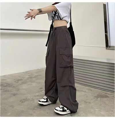 2024 Women Casual Joggers Tech Pants Solid Low Waist Pants Drawstring Wide Leg Baggy Trousers Y2k Streetwear Oversize Sweatpants - Smarsty