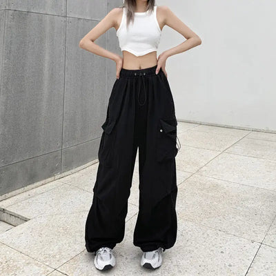 2024 Women Casual Joggers Tech Pants Solid Low Waist Pants Drawstring Wide Leg Baggy Trousers Y2k Streetwear Oversize Sweatpants - Smarsty