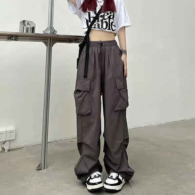2024 Women Casual Joggers Tech Pants Solid Low Waist Pants Drawstring Wide Leg Baggy Trousers Y2k Streetwear Oversize Sweatpants - Smarsty