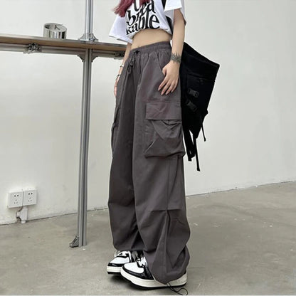 2024 Women Casual Joggers Tech Pants Solid Low Waist Pants Drawstring Wide Leg Baggy Trousers Y2k Streetwear Oversize Sweatpants - Smarsty