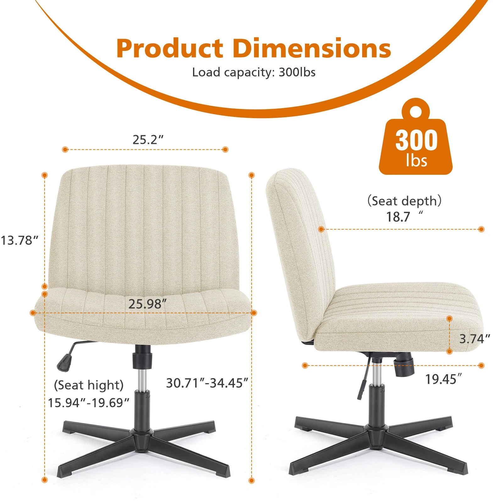 Cross Legged Office Living Room Rocking Gaming Chair Armless Wide Desk Adjustable Swivel Fabric Task Vanity Home Office