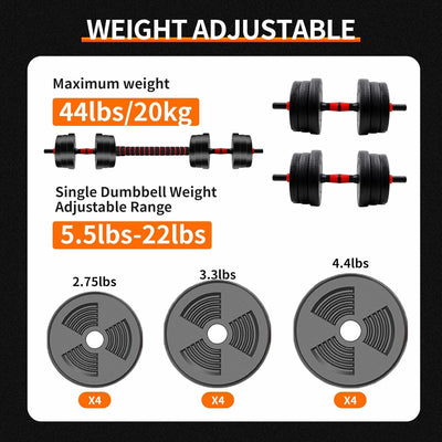 5-44lbs Adjustable Dumbbell to Barbell Set, Anti-Slip Grip, Versatile Home Gym Fitness Strength Training Barbell Weight Plates - Smarsty