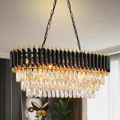 Modern Black & Gold Crystal Chandelier, 3-Tier K9 Oval Crystal Chandelier for Kitchen Island/Living Room/Bedroom/dining room