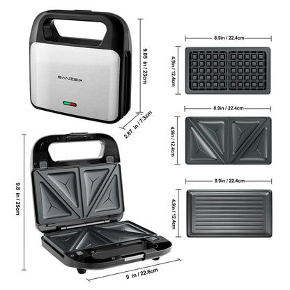 3 in 1 Sandwich Maker & Waffle Maker, 750W Panini Press with Removable Non-Stick Plate Easy to Clean, Grilled Cheese Maker