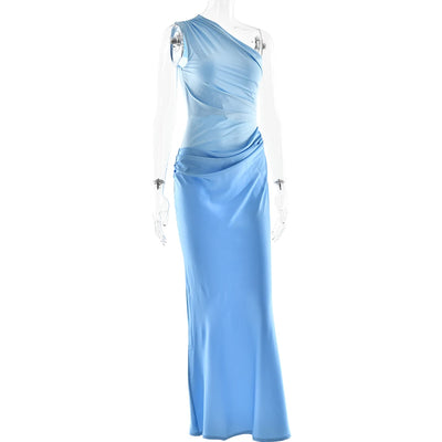 JULISSA MO Patchwork Satin Sexy One Shoulder Women Maxi Dress Brown Sleeveless Evening Dress Summer Slim Elegant Party Clubwear - Smarsty