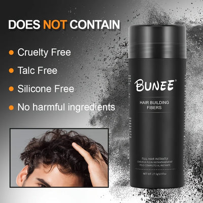 BUNEE Hair Fiber 27.5g: Men's natural hair-thickening fibers for balding areas, fills part lines, includes 27.5g fiber powder. - Smarsty