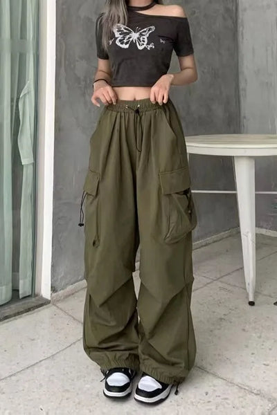 2024 Women Casual Joggers Tech Pants Solid Low Waist Pants Drawstring Wide Leg Baggy Trousers Y2k Streetwear Oversize Sweatpants - Smarsty