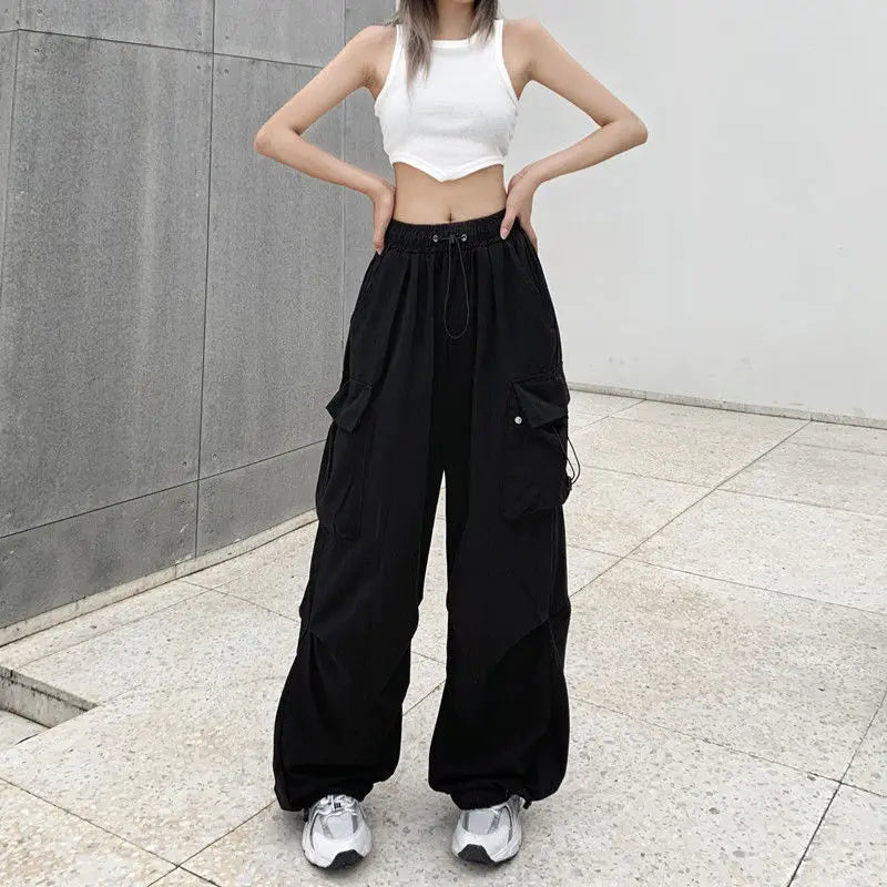 2024 Women Casual Joggers Tech Pants Solid Low Waist Pants Drawstring Wide Leg Baggy Trousers Y2k Streetwear Oversize Sweatpants - Smarsty
