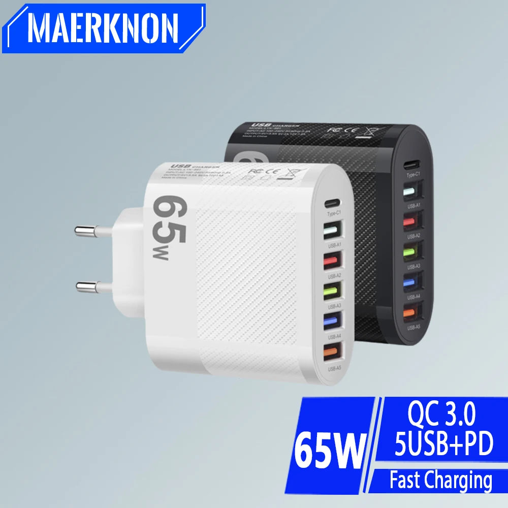 65W USB Charger Includes Six Ports Ultra Fast Type C - Smarsty