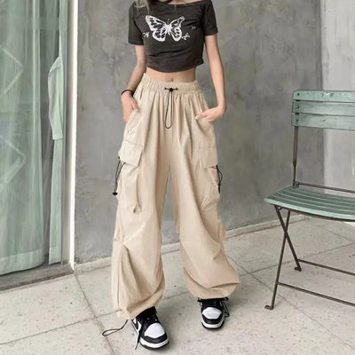 2024 Women Casual Joggers Tech Pants Solid Low Waist Pants Drawstring Wide Leg Baggy Trousers Y2k Streetwear Oversize Sweatpants - Smarsty