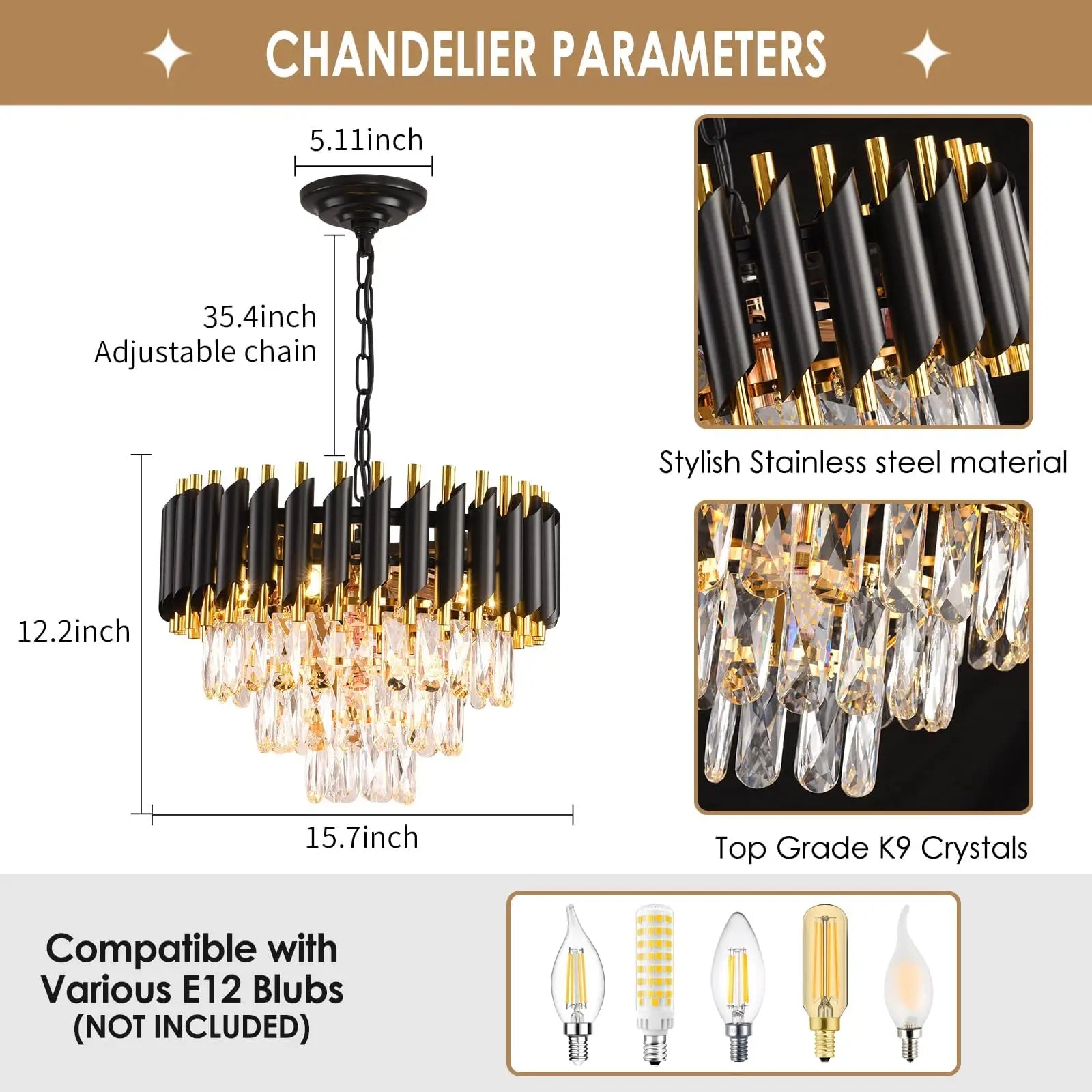 Black and Gold Crystal Chandelier Pendant Light Fixture Flush Mount Ceiling Lighting 3 Tiers Modern Crystal Chandeliers