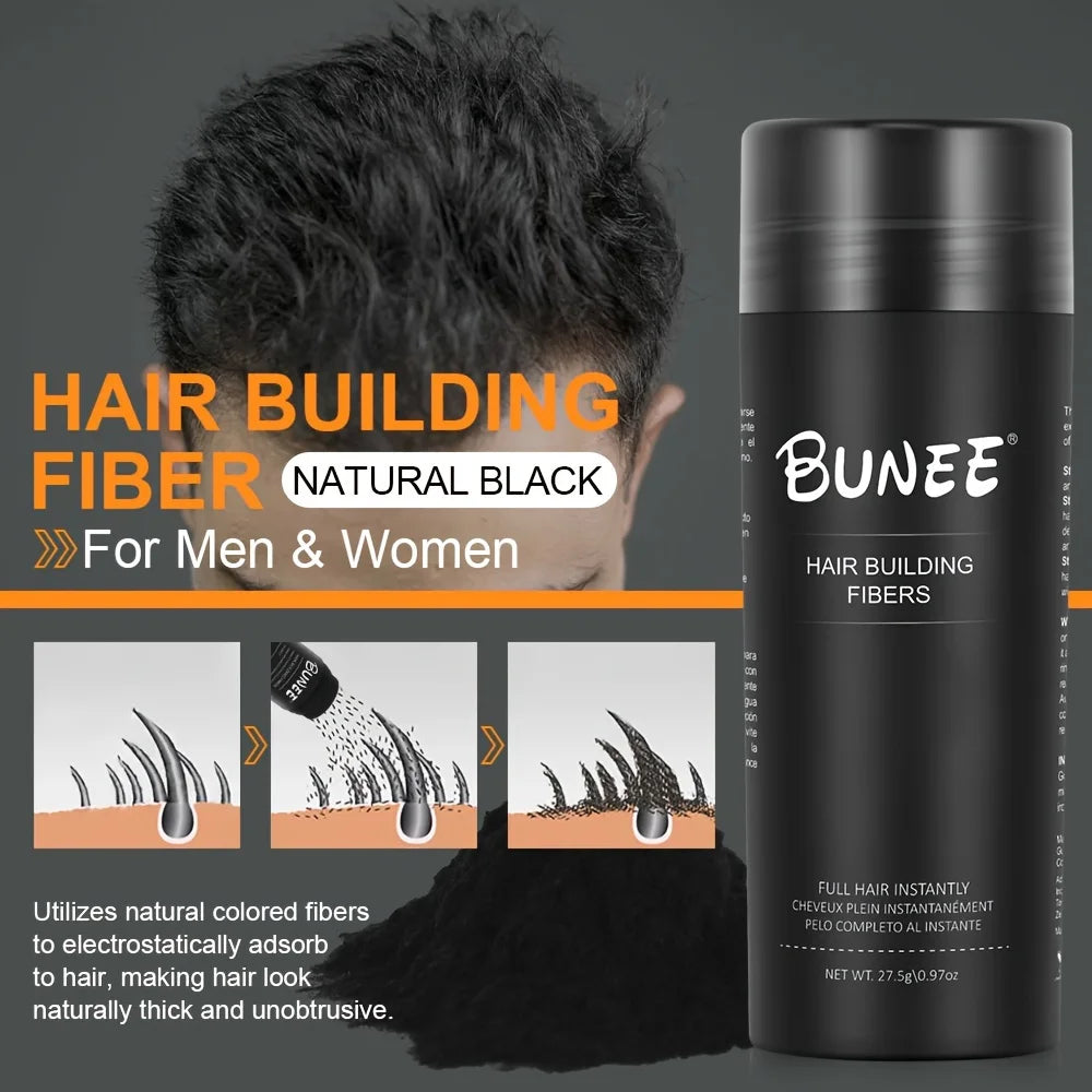 BUNEE Hair Fiber 27.5g: Men's natural hair-thickening fibers for balding areas, fills part lines, includes 27.5g fiber powder. - Smarsty