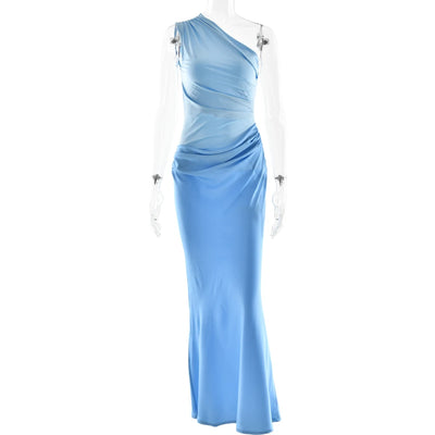 JULISSA MO Patchwork Satin Sexy One Shoulder Women Maxi Dress Brown Sleeveless Evening Dress Summer Slim Elegant Party Clubwear - Smarsty