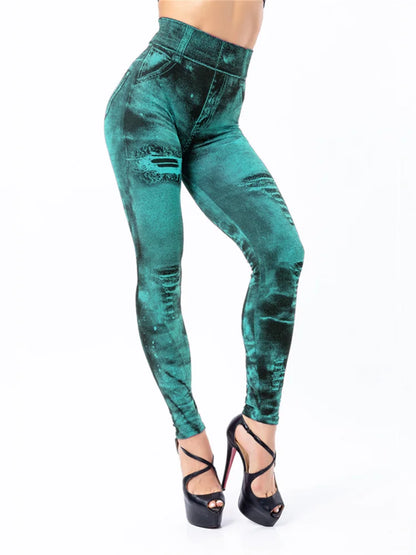 Women Imitation Jeans Stretch Leggings Fashion Sexy Slim Push Up Lady Gym Leggings Causal Simple High Waist Streetwear Leggings - Smarsty