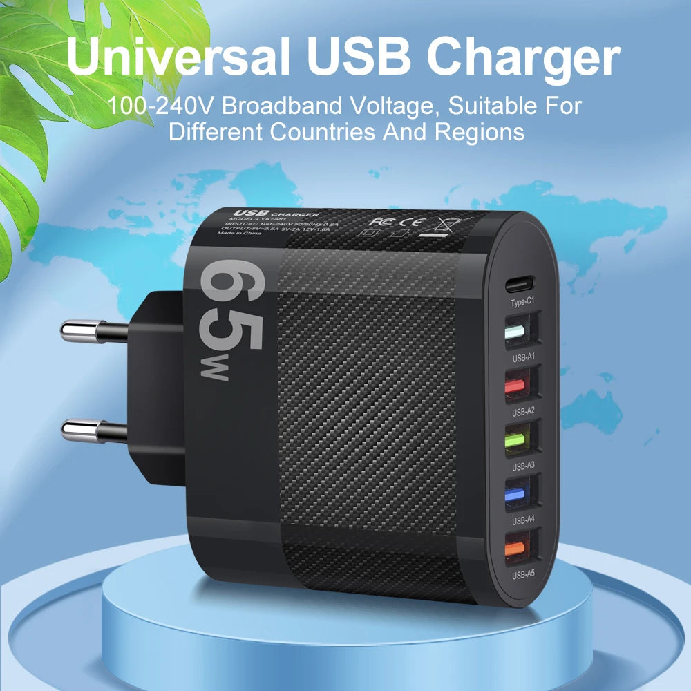65W USB Charger Includes Six Ports Ultra Fast Type C - Smarsty