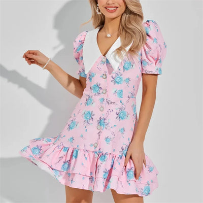 Tornova Print Puff Sleeves Ruffled Dress Women's V-Neck High Waist Pearl Buttons Mini Dress Female Casual Vacation Fashion Dress - Smarsty