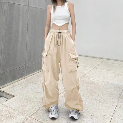 2024 Women Casual Joggers Tech Pants Solid Low Waist Pants Drawstring Wide Leg Baggy Trousers Y2k Streetwear Oversize Sweatpants - Smarsty