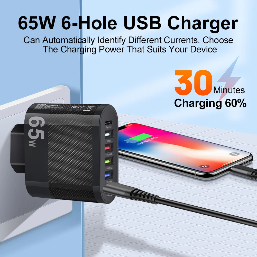 65W USB Charger Includes Six Ports Ultra Fast Type C - Smarsty
