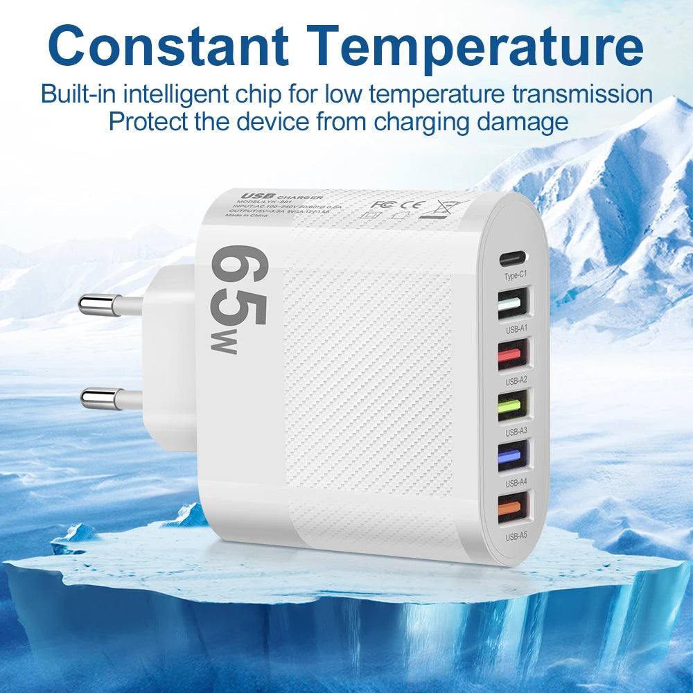 65W USB Charger Includes Six Ports Ultra Fast Type C - Smarsty
