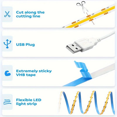 LED COB Light Strip Touch Dimmer Flexible Diode Tape 5V USB Linear Indoor Lighting Lamp Room DIY TV Mirror Backlight Wall Decor - Smarsty