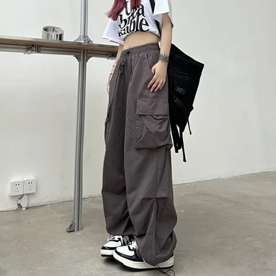 2024 Women Casual Joggers Tech Pants Solid Low Waist Pants Drawstring Wide Leg Baggy Trousers Y2k Streetwear Oversize Sweatpants - Smarsty