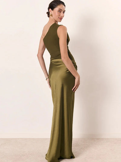 JULISSA MO Patchwork Satin Sexy One Shoulder Women Maxi Dress Brown Sleeveless Evening Dress Summer Slim Elegant Party Clubwear - Smarsty