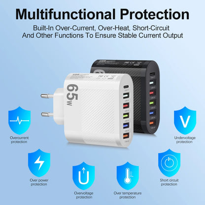 65W USB Charger Includes Six Ports Ultra Fast Type C - Smarsty