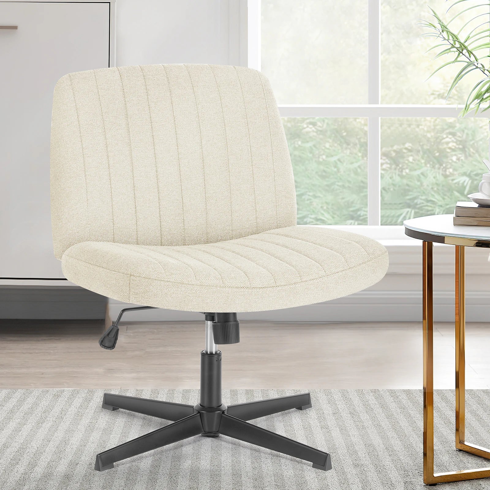 Cross Legged Office Living Room Rocking Gaming Chair Armless Wide Desk Adjustable Swivel Fabric Task Vanity Home Office