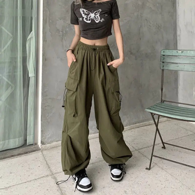 2024 Women Casual Joggers Tech Pants Solid Low Waist Pants Drawstring Wide Leg Baggy Trousers Y2k Streetwear Oversize Sweatpants - Smarsty