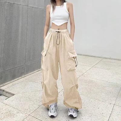 2024 Women Casual Joggers Tech Pants Solid Low Waist Pants Drawstring Wide Leg Baggy Trousers Y2k Streetwear Oversize Sweatpants - Smarsty