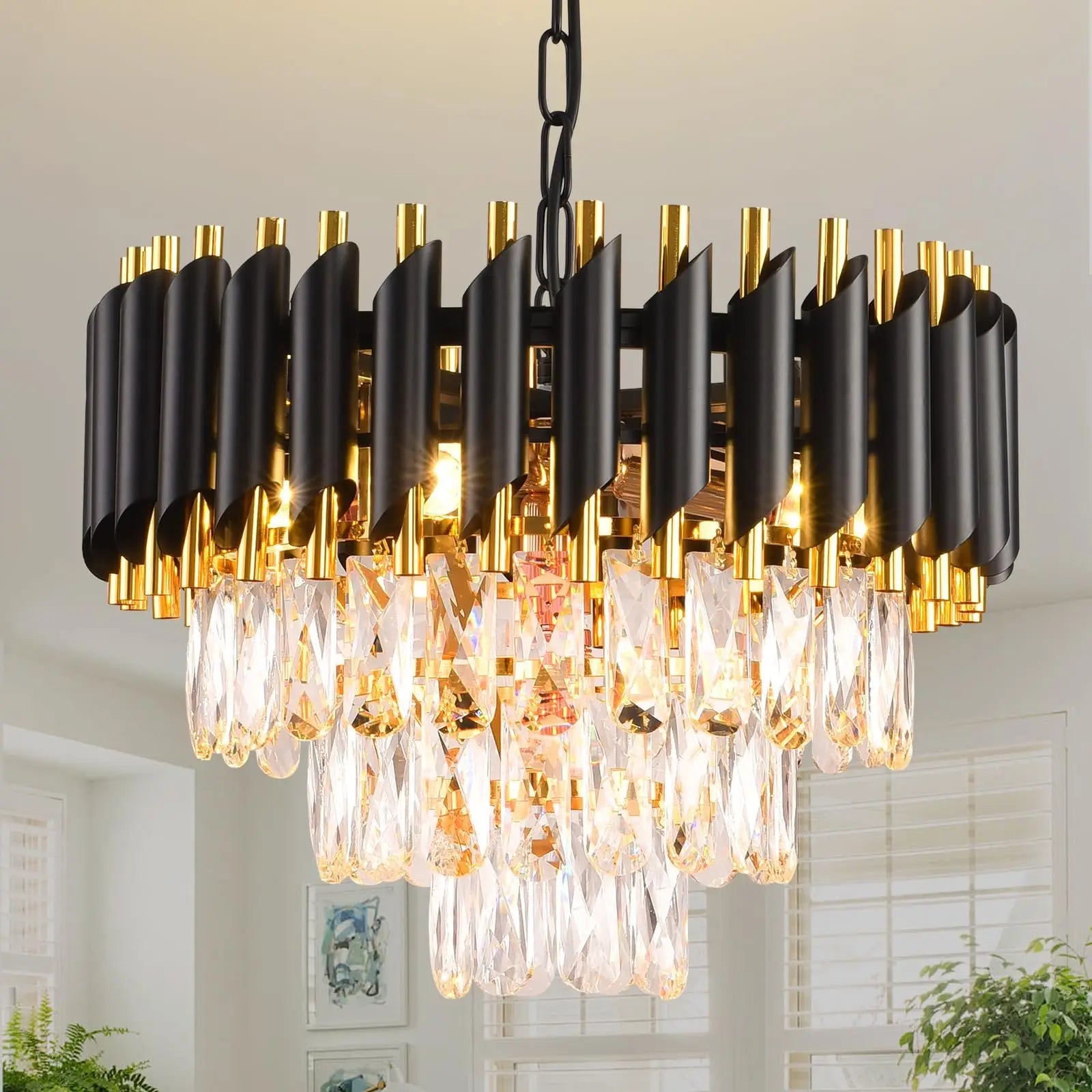 Black and Gold Crystal Chandelier Pendant Light Fixture Flush Mount Ceiling Lighting 3 Tiers Modern Crystal Chandeliers