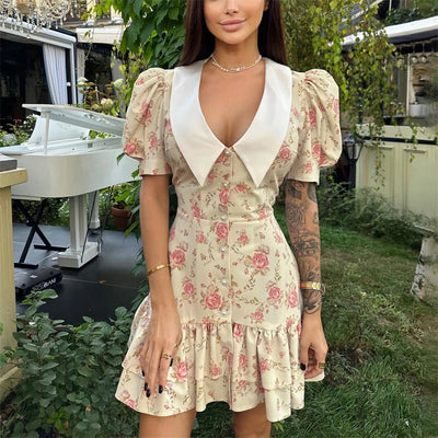 Tornova Print Puff Sleeves Ruffled Dress Women's V-Neck High Waist Pearl Buttons Mini Dress Female Casual Vacation Fashion Dress - Smarsty
