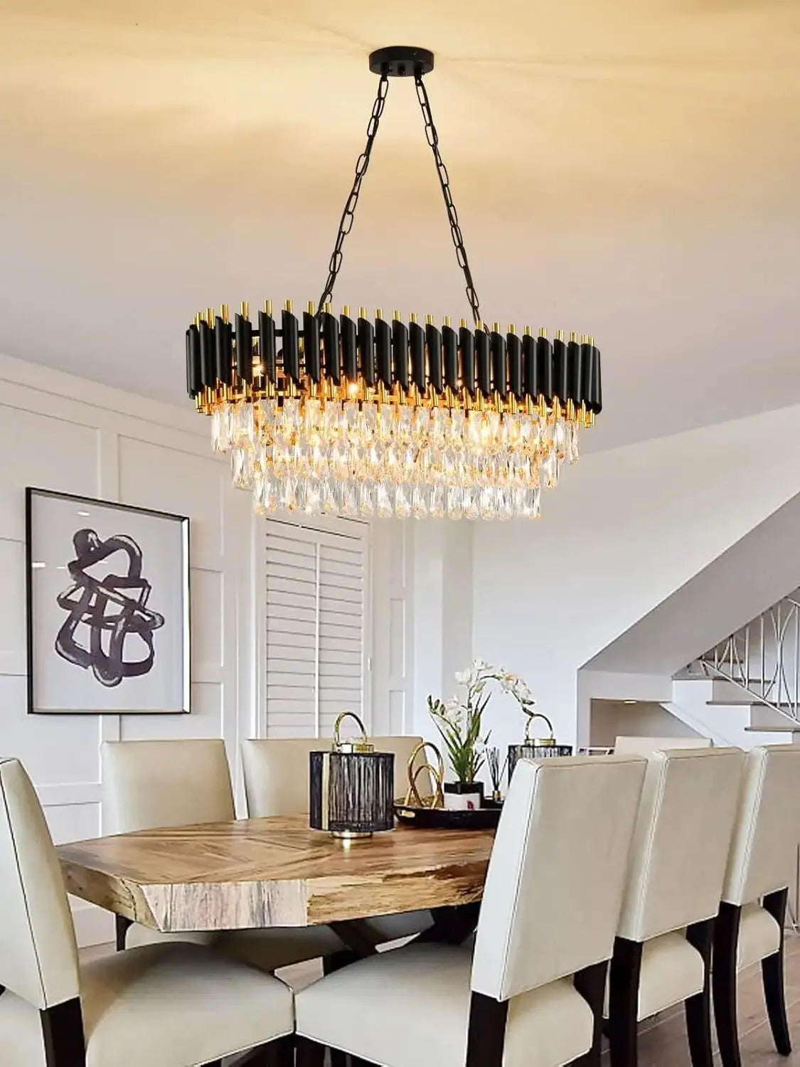 Modern Black & Gold Crystal Chandelier, 3-Tier K9 Oval Crystal Chandelier for Kitchen Island/Living Room/Bedroom/dining room