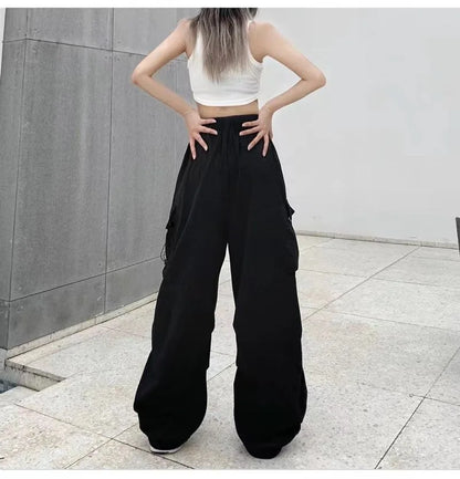 2024 Women Casual Joggers Tech Pants Solid Low Waist Pants Drawstring Wide Leg Baggy Trousers Y2k Streetwear Oversize Sweatpants - Smarsty