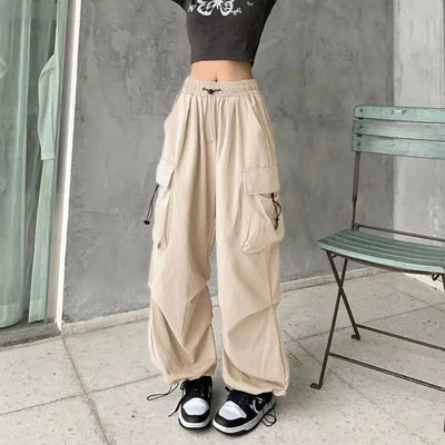 2024 Women Casual Joggers Tech Pants Solid Low Waist Pants Drawstring Wide Leg Baggy Trousers Y2k Streetwear Oversize Sweatpants - Smarsty