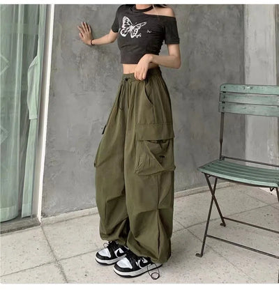 2024 Women Casual Joggers Tech Pants Solid Low Waist Pants Drawstring Wide Leg Baggy Trousers Y2k Streetwear Oversize Sweatpants - Smarsty