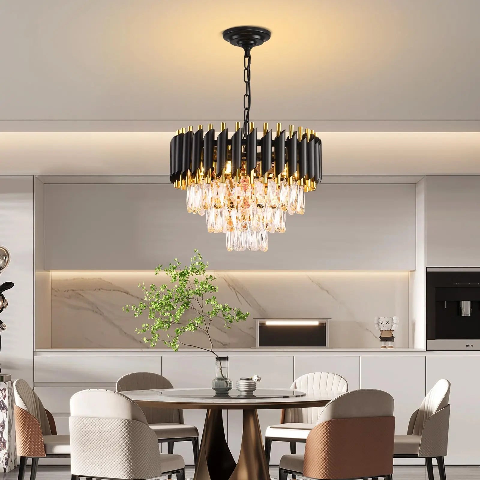 Black and Gold Crystal Chandelier Pendant Light Fixture Flush Mount Ceiling Lighting 3 Tiers Modern Crystal Chandeliers