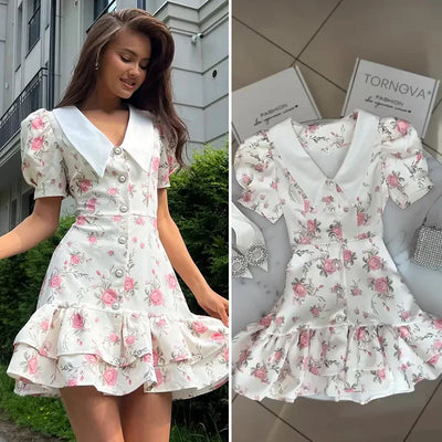 Tornova Print Puff Sleeves Ruffled Dress Women's V-Neck High Waist Pearl Buttons Mini Dress Female Casual Vacation Fashion Dress - Smarsty