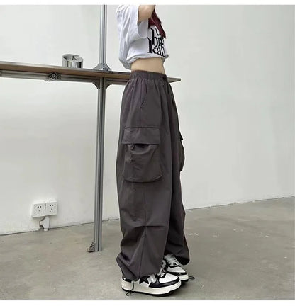 2024 Women Casual Joggers Tech Pants Solid Low Waist Pants Drawstring Wide Leg Baggy Trousers Y2k Streetwear Oversize Sweatpants - Smarsty